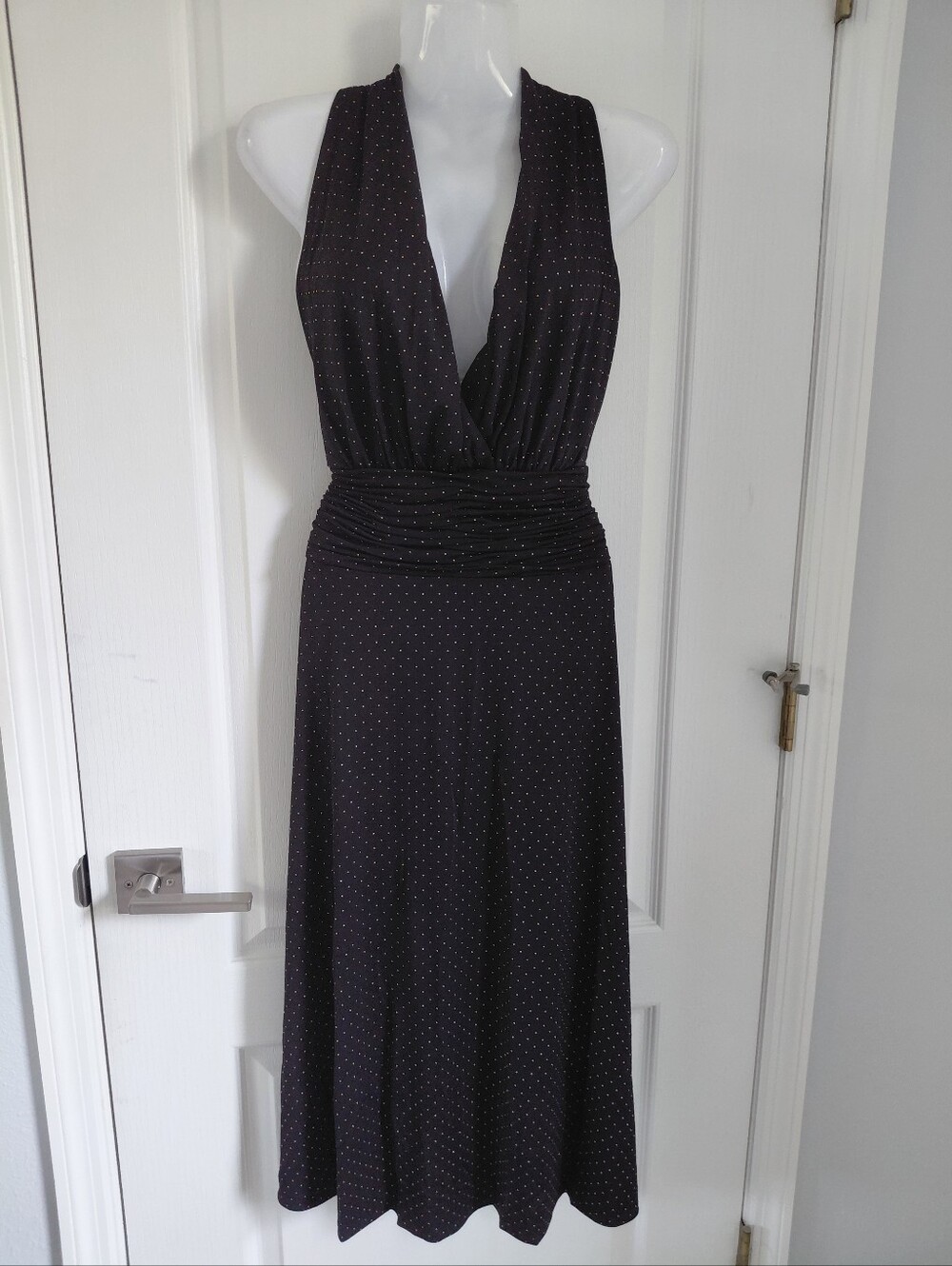 Evan Picone Black Polka Dot One-Shoulder Midi Dress